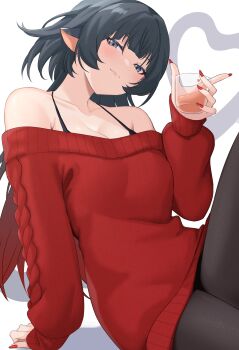 1girl absurdres bare_shoulders black_hair black_pantyhose bra_strap breasts cleavage commentary_request cup drinking_glass grey_eyes highres holding holding_cup jane_doe_(zenless_zone_zero) kirima_(kirim_ld_0617) long_hair long_sleeves looking_at_viewer nail_polish off-shoulder_sweater off_shoulder pantyhose red_nails red_sweater smile solo sweater white_background zenless_zone_zero