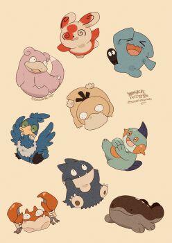 @_@ absurdres animal_focus beak bird claws clodsire colored_sclera crab cramorant duck fangs fins gen_1_pokemon gen_2_pokemon gen_3_pokemon gen_4_pokemon gen_8_pokemon green_eyes green_sclera head_fins highres krabby marshtomp munchlax nintendo no_humans open_mouth pokemon pokemon_(creature) pokemon_focus psyduck simple_background slowpoke smile spinda spiral-only_eyes tail wobbuffet zozozoshion