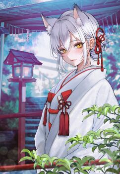10_plus 1girl animal_ear_fluff animal_ears blush closed_mouth commentary commission fox_ears fox_girl grey_hair hair_between_eyes highres japanese_clothes kimono lantern long_sleeves looking_at_viewer original outdoors plant red_rope rope short_hair sidelocks skeb_commission slit_pupils solo tassel upper_body white_kimono wooden_lantern yellow_eyes