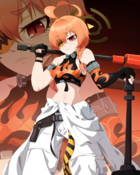 1girl absurdres ahoge animal_ears bare_shoulders bear_ears black_gloves blue_archive breasts crop_top crossover eyepatch fake_animal_ears fingerless_gloves gloves hair_between_eyes hair_ornament highres holding koleda_belobog long_hair looking_at_viewer midriff muhammadreed navel neru_(blue_archive) original pants red_eyes red_hair solo sphere_hair_ornament twintails zenless_zone_zero