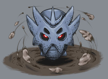 Rule 34 | ev artwork, full body, gen 2 pokemon, glowing, glowing eyes, grey background, image sample, looking at viewer, nintendo, no humans, pokemon, pupitar, red eyes, solo