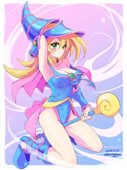 1girl arm_up armpits artist_name bacchusquall between_thighs blonde_hair blue_boots blue_hat blue_leotard boots border bracer breasts character_name cleavage closed_mouth commentary_request covered_erect_nipples dark_magician_girl dated duel_monster full_body gem green_eyes hair_between_eyes hat hexagram highleg highleg_leotard highres jewelry large_breasts leotard long_hair looking_at_viewer neck_ring outside_border pink_skirt red_gemstone showgirl_skirt single_bare_shoulder single_off_shoulder skin_tight skirt solo staff strap_slip thighs twitter_username white_border wizard_hat yu-gi-oh!