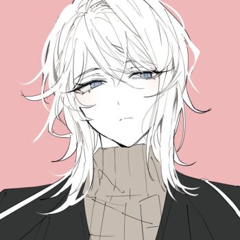 1girl black_coat black_vest blue_eyes brown_sweater closed_mouth coat faust_(project_moon) limbus_company looking_at_viewer pink_background project_moon remsrar short_hair simple_background solo sweater third-party_source vest white_hair