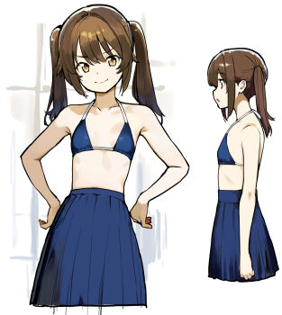 1girl asakura_maru bikini bikini_top_only blue_bikini blue_skirt brown_eyes brown_hair flat_chest hand_on_own_hip hands_on_own_hips highres long_hair multiple_views original skirt swimsuit twintails underwear
