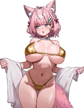 1girl animal_ear_fluff animal_ears bare_shoulders bikini braid breasts cl_oor commentary gold_bikini hair_ornament hakui_koyori highres hololive large_breasts looking_to_the_side navel pink_hair ring_light_reflection short_hair simple_background solo stomach swimsuit tail thigh_gap thighs virtual_youtuber white_background wolf_ears wolf_tail