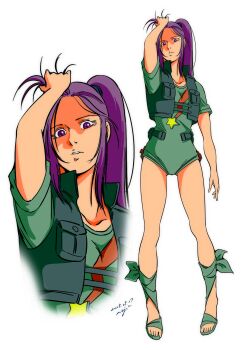1girl breasts grabbing_own_hair gundam gundam_zz hair_lift hair_ornament highres holding holding_own_hair long_hair looking_at_viewer pgmajimaji purple_eyes purple_hair roux_louka short_sleeves simple_background solo vest white_background
