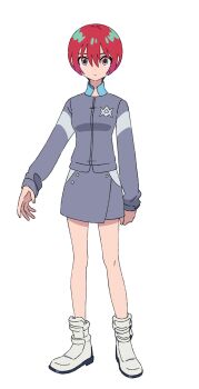 1girl amate_yuzuriha aqua_eyes boots full_body gundam gundam_gquuuuuux hair_between_eyes highres jacket official_art red_hair short_hair skirt solo transparent_background uniform