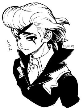 1boy 2025 black_jacket closed_mouth collar collared_shirt cropped_torso dated dr._stone facial_mark greyscale high_collar highres jacket looking_at_viewer makeup male_focus mascara medium_hair monochrome necktie pompadour shirt short_hair simple_background sketch smile smirk solo tofu_1100 upper_body white_background xeno_(dr.stone) zipper