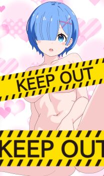 1girl ass blue_eyes blue_hair blunt_bangs blush breasts caution_tape censored completely_nude english_text highres large_breasts looking_at_viewer navel nude open_mouth patterned_background re:zero_kara_hajimeru_isekai_seikatsu rem_(re:zero) remnia short_hair tape underboob
