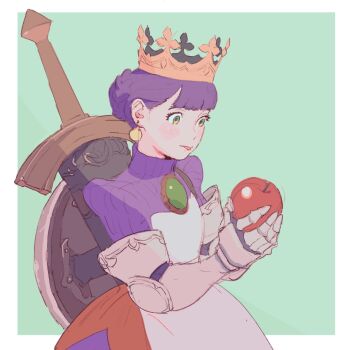 1girl 55bata6rou apple armor armored_dress blue_background border braid closed_mouth cowboy_shot crown dress earrings food fruit gauntlets gold_crown gradriel highres holding holding_food holding_fruit jewelry outside_border pointed_crown princess_crown purple_hair purple_sweater shield shield_on_back short_hair simple_background solo standing sweater sword sword_on_back weapon weapon_on_back white_border