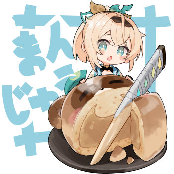 1girl absurdres black_gloves black_hairband blonde_hair blue_eyes blush_stickers check_translation chibi commentary_request fingerless_gloves food food_request gloves hair_between_eyes hairband hands_up highres hololive japanese_clothes kazama_iroha kazama_iroha_(1st_costume) kimono kutata looking_at_viewer open_mouth pokobee ponytail simple_background solo text_background translation_request virtual_youtuber white_background white_kimono