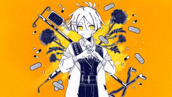 1girl absurdres bandaid bandaid_on_face belt cardigan carnation collared_shirt crossed_bandaids crossed_fingers flower greyscale_with_colored_background highres intravenous_drip iv_stand kishimen_hair lcb_uniform_(project_moon) limbus_company looking_at_viewer off_shoulder orange_background original pants pill project_moon shirt short_hair solo venom_(vocaloid) vest wei_(weinnoiserie) weinnoiserie