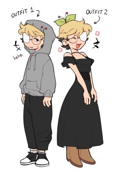 +_+ 1girl :3 absurdres arrow_(symbol) artist_self-insert black_choker black_dress black_pants black_shoes blonde_hair boots brown_boots brown_hair cherri_saurio choker closed_eyes collarbone dress full_body glasses grey_hoodie highres hood hoodie looking_at_viewer multicolored_hair open_mouth original pants shoes short_hair simple_background sneakers solo sweatpants white_background