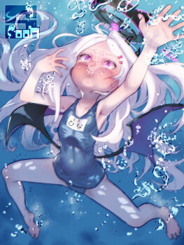 1girl asphyxiation barefoot blue_archive bubble commentary_request commission drowning halo hina_(blue_archive) hina_(swimsuit)_(blue_archive) long_hair one-piece_swimsuit peril pixiv_commission purple_eyes school_swimsuit solo soon_(c-u-soon) swimsuit underwater white_hair wings
