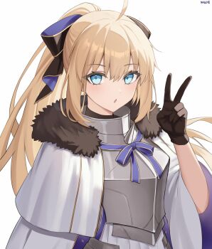 1girl absurdres aesc_(fate) aesc_(savior)_(fate) ahoge armor armored_dress black_gloves blonde_hair blue_eyes blue_hair blush bow breastplate breasts cloak dress fate/grand_order fate_(series) fur-trimmed_cloak fur_trim gloves hair_bow highres long_hair long_sleeves looking_at_viewer medium_breasts multicolored_hair nagine open_mouth ponytail revision solo two-tone_hair very_long_hair white_cloak white_dress wide_sleeves