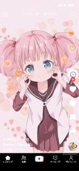 1girl absurdres black_sailor_collar blue_eyes blush closed_mouth collarbone cowboy_shot dotted_background dress fake_phone_screenshot fake_screenshot hair_bobbles hair_ornament hands_on_own_cheeks hands_on_own_face hands_up heart heart_background highres kawaikute_gomen_(honeyworks) layered_sleeves long_sleeves looking_at_viewer mearian namori_(character) nanamori_school_uniform pink_background pink_hair pleated_dress red_dress sailor_collar school_uniform shirt short_over_long_sleeves short_sleeves solo tiktok twintails white_shirt yoshikawa_chinatsu yuruyuri