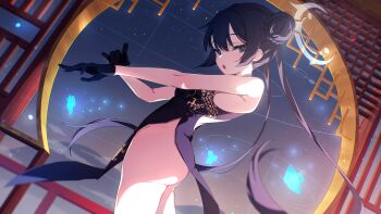 1girl :o absurdres armpit_crease ass bare_arms black_dress black_gloves black_hair blue_archive breasts china_dress chinese_clothes dress floating_hair from_side gloves grey_eyes hair_bun halo highres kisaki_(blue_archive) loli long_hair looking_at_viewer night night_sky no_panties outstretched_arms sky small_breasts solo spice_mega thighs twintails very_long_hair white_halo wind wind_lift window