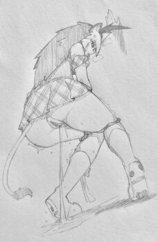 1girl absurdres ahoge animal_ears barbary_lion_(kemono_friends) boots breath from_behind from_below hand_on_wall highres kemono_friends knees_together_feet_apart lion_ears lion_girl lion_tail long_hair looking_down multicolored_hair omankogakowarel open_mouth panties_around_leg paw_shoes pee peeing peeing_on_floor plaid_clothes plaid_skirt pleated_skirt pleated_sleeves puddle pussy short_sleeves skirt solo tail traditional_media two-tone_hair uncensored upskirt