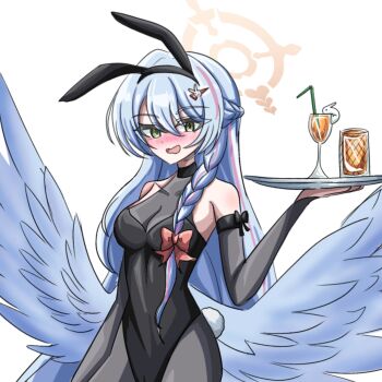 1girl angel_wings bare_shoulders blue_archive blue_hair blue_wings breasts commentary_request elbow_gloves gloves green_eyes grey_gloves grey_pantyhose hair_between_eyes halo highres korean_commentary large_breasts long_hair looking_at_viewer mine_(blue_archive) multicolored_hair open_mouth pantyhose pink_hair playboy_bunny simple_background suel_(pixiv_105342121) thighs two-tone_hair white_background wings yellow_halo