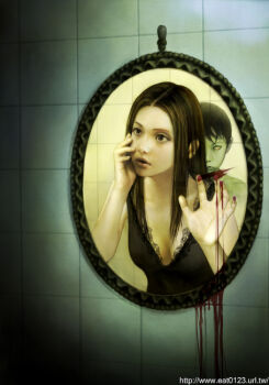 1boy 1girl black_eyes black_hair blood brown_eyes brown_hair creepy eat eat0123 ghost horror_(theme) lips long_hair mirror original photorealistic realistic watermark yellow_eyes