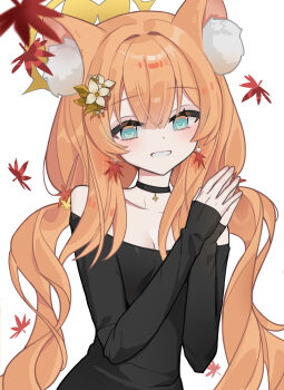 1girl alternate_costume alternate_hairstyle animal_ear_fluff animal_ears autumn autumn_leaves bare_shoulders black_sweater blue_archive blue_eyes breasts cat_ears cleavage collarbone commentary earrings flower grin hair_flower hair_intakes hair_ornament halo highres jewelry leaf leaf_earrings looking_at_viewer low_twintails mari_(blue_archive) nyangpan off-shoulder_sweater off_shoulder orange_hair own_hands_together simple_background sleeves_past_wrists small_breasts smile solo sweater twintails upper_body white_background yellow_halo