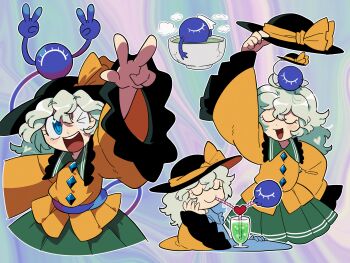 1girl ;d black_hat blue_eyes buttons closed_eyes commentary_request cropped_legs cup diamond_button double_v drinking drinking_straw food frills furukawa_(yomawari) green_hair green_skirt hat hat_ribbon heart highres holding holding_unworn_clothes holding_unworn_hat in_container in_cup komeiji_koishi long_hair long_sleeves looking_at_viewer melon_soda multiple_views on_head one_eye_closed open_mouth ribbon shared_drink shirt short_hair skirt smile tea teacup teeth third_eye touhou unworn_hat unworn_headwear upper_teeth_only v w wide_sleeves yellow_ribbon yellow_shirt