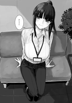 1girl absurdres arm_support blunt_bangs blush breasts collarbone commentary dress_shirt greyscale head_tilt highres hr_lady_(rucchiifu) indoors lanyard large_breasts looking_at_viewer monochrome office_lady open_collar original pants ponytail rucchiifu shirt shirt_tucked_in sidelocks sitting smile solo speech_bubble tile_floor tiles translation_request