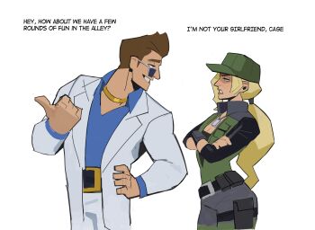 1boy 1girl absurdres amugea belt blonde_hair blue_eyes brown_hair collared_shirt commission english_text fingerless_gloves gloves hat highres johnny_cage long_hair mortal_kombat_(series) pants pixiv_commission ponytail shirt short_hair smile sonya_blade sunglasses white_background