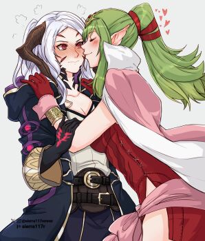 2girls absurdres black_robe blush breasts brown_horns cape cleavage closed_eyes closed_mouth commentary corruption dark_persona dragon_horns dress embarrassed english_commentary facial_mark female_robin_(fire_emblem) female_robin_(grima)_(fire_emblem) female_robin_(grima)_(tyrant_of_despair)_(fire_emblem) fire_emblem fire_emblem_awakening fire_emblem_heroes gloves green_hair grey_background grima_(fire_emblem) heart high_collar highres hood hood_down hooded_robe horns imminent_kiss intelligent_systems kiss kissing_cheek long_hair medium_breasts multiple_girls nintendo official_alternate_costume open_clothes open_robe pink_cape pointy_ears ponytail possessed possession profile red_dress red_eyes red_gloves robe sierra117renner simple_background sleeveless sleeveless_dress thighs tiki_(adult)_(fire_emblem) tiki_(fire_emblem) twintails white_hair yuri