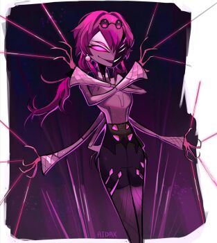 1girl adxrnofficial arthropod_girl arthropod_limbs cropped_legs earrings extra_arms extra_eyes eyewear_on_head glowing glowing_eyes hair_between_eyes highres honkai:_star_rail honkai_(series) insect_girl jewelry kafka_(honkai:_star_rail) long_hair long_sleeves monster_girl pantyhose purple_claws purple_eyes purple_hair round_eyewear shirt silk smile solo spider_girl spider_web standing sunglasses