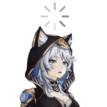 1girl animal_ear_fluff animal_ears blue_eyes breasts cat_ears cipher_(honkai:_star_rail) cleavage grey_hair highres honkai:_star_rail honkai_(series) hood loading_icon mole mole_on_chest open_mouth portrait puyopuyo_10 short_hair solo