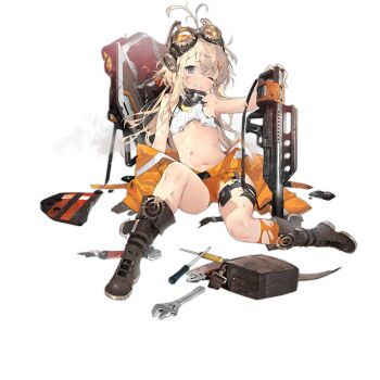 1girl anti-personnel_mine anti-personnel_weapon automatic_shotgun ballistic_shield black_gloves blonde_hair blow-forward_firearm blue_eyes boots breasts brown_boots bullpup cassette_magazine character_name clothes_pull colored_shoe_soles copyright_name crop_top crushed cylinder cylinder_(weapon) damaged english_text explosive eyewear_on_head floor full_body gas-seal_revolver gears girls'_frontline gloves goggles goggles_on_head gun hair_ornament hairclip hand_on_floor holding holding_gun holding_weapon jacket jacket_pull lightning_holes long_hair looking_at_viewer mine_(weapon) mk3a1_(girls'_frontline) mouth_hold namyo navel official_art on_floor one_eye_closed open_clothes open_jacket open_mouth orange_jacket orange_shorts orange_socks pancor_corporation pancor_jackhammer pancor_jackhammer_mk3a1 promotional_art prototype_design revolver_shotgun safety_glasses screwdriver shield shield_module shorts shotgun simple_background single_glove small_breasts socks solo teeth_hold tool_belt tools torn_clothes torn_jacket torn_socks transparent_background weapon wrench