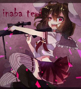 1girl alternate_costume animal_ears breasts brown_hair carrot_pin character_name commentary_request floppy_ears full_body grey_thighhighs gun holding holding_gun holding_weapon inaba_tewi looking_at_viewer medium_hair midriff navel neckerchief one-hour_drawing_challenge open_mouth pleated_skirt purple_background rabbit_ears rabbit_girl red_eyes red_neckerchief red_skirt rifle school_uniform serafuku shinjitsu_no_kuchi shirt sitting skirt small_breasts smile sniper_rifle solo striped_clothes striped_thighhighs thighhighs tongue tongue_out touhou vertical-striped_clothes vertical-striped_thighhighs weapon white_shirt