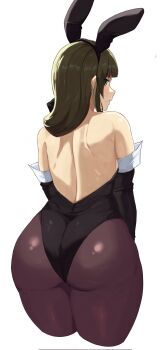 1girl akihitoevon animal_ear_hairband animal_ears ass back bare_back bare_shoulders black_gloves black_leotard brown_hair brown_pantyhose cropped_legs elbow_gloves fake_animal_ears from_behind gloves green_eyes hair_over_shoulder hairband highleg highleg_leotard highres koi_to_senkyo_to_chocolate leotard long_hair looking_at_viewer looking_back pantyhose parted_lips playboy_bunny rabbit_ears shinonome_satsuki solo strapless strapless_leotard