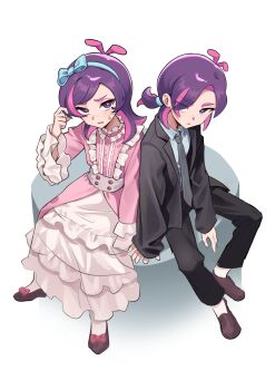 1girl antenna_hair black_jacket black_necktie black_pants blue_bow blue_hairband bow bow_hairband closed_mouth collared_shirt commentary_request dot_(pokemon) dress elosia freckles frilled_dress frills hair_over_one_eye hairband highres jacket korean_commentary long_sleeves looking_at_viewer low_ponytail multicolored_hair multiple_views necktie nintendo pants pink_dress pink_hair pokemon pokemon_(anime) pokemon_horizons ponytail purple_eyes purple_hair shirt shoes simple_background sitting sleeves_past_wrists wide_sleeves