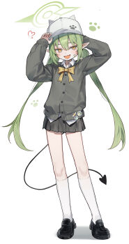 1girl absurdres alternate_costume arm_behind_head black_shoes blue_archive bow bowtie commentary demon_tail fang full_body green_hair halo hand_up highres huu_(dighapdlxm12) kneehighs loafers long_hair nozomi_(blue_archive) open_mouth pointy_ears shoes simple_background smile socks solo standing symbol-only_commentary tail white_background white_socks yellow_bow yellow_bowtie yellow_eyes
