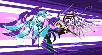 2girls android aqua_hair armband battle black_hairband black_jacket blue_hair blue_tank_top claws colored_skin commentary crossover cyber_fashion evil_smile face_filter fewer_digits grey_hair hairband highres humanoid_robot jacket jenny_wakeman joints machine maxoke mechanical_arms mechanical_wings metal_skin multiple_girls murder_drones my_life_as_a_teenage_robot open_mouth orange_armband robot robot_girl robot_joints rocket_boots short-sleeved_jacket short_hair short_sleeves skirt smile spread_wings tank_top twintails v_(murder_drones) white_hair white_skin wings yellow_armband yellow_eyes