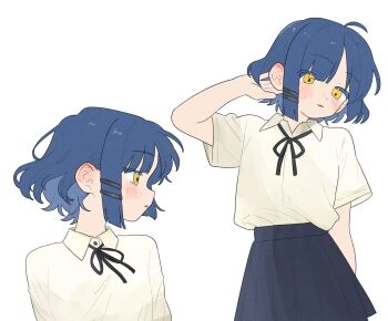 1girl ahoge black_ribbon blue_hair blush bocchi_the_rock! collared_shirt hair_ornament hairclip highres multiple_views neck_ribbon ofo_j1 pleated_skirt ribbon shirt short_hair short_sleeves skirt striped_background striped_clothes striped_shirt white_shirt yamada_ryo yellow_eyes