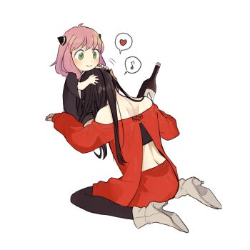 2girls adoptive_parent_and_adoptive_child ahoge anya_(spy_x_family) arm_rest backless_outfit black_dress black_hair black_pantyhose blush boots bottle closed_mouth comforting commentary_request dress drunk full_body green_eyes grey_boots hairpods hands_on_another's_head heart high_heel_boots high_heels highres holding holding_bottle invisible_chair kneeling long_hair long_sleeves median_furrow medium_hair mother_and_daughter motion_lines multiple_girls musical_note off-shoulder_sweater off_shoulder pantyhose pink_hair red_sweater short_sleeves simple_background sitting smile spoken_heart spoken_musical_note spy_x_family sweater tarutaruso3 white_background wine_bottle yor_briar