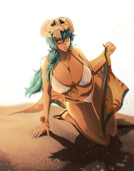 1girl bikini bleach bleach:_brave_souls breasts espada green_hair jewelry large_breasts long_hair navel necklace nelliel_tu_odelschwanck official_alternate_costume sarong solo swimsuit