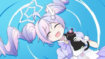 1girl ahoge anger_vein animalization black_cat blue_archive cat closed_eyes connect_(madoka_magica) drill_hair gloves hair_ornament halo happy_tears kazusa_(blue_archive) long_hair magical_girl mahou_shoujo_madoka_magica mahou_shoujo_madoka_magica_(anime) multicolored_hair nanju_bami open_mouth parody pink_hair pink_halo purple_hair reisa_(blue_archive) reisa_(magical)_(blue_archive) ripples short_sleeves smile solo star_(symbol) star_hair_ornament tears twintails two-tone_hair white_gloves