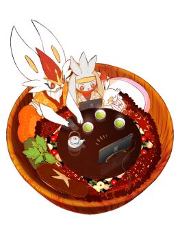blush cinderace evolutionary_line gen_8_pokemon holding inoshikachou looking_down nintendo nintendo_switch open_mouth orange_eyes pokemon pokemon_(creature) rabbit_ears raboot scorbunny sleeping table tea
