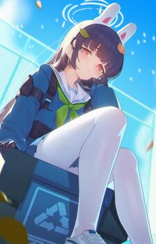 1girl animal_ears arrow_(symbol) benpao_de_ruoji black_gloves black_hair blue_archive blue_serafuku blue_shirt blue_skirt blush bright_pupils commentary day fake_animal_ears from_below gloves green_neckerchief grey_gloves grey_halo halo hand_on_own_face hand_up highres in_container in_trash_can leaf leaf_on_head long_hair long_sleeves looking_at_viewer miyu_(blue_archive) multicolored_gloves neckerchief pantyhose pleated_skirt rabbit_ears recycle_bin recycling_symbol red_eyes school_uniform serafuku shirt skirt solo tearing_up trash_can two-tone_gloves white_pantyhose white_pupils