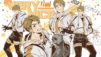 1boy black_pants brown_hair clenched_hand commentary cyphers drawstring english_text grin jacket male_focus multiple_boys multiple_views pants ryan_hart_(cyphers) short_hair smile suspenders_pull thick_eyebrows uoongpig white_jacket