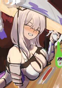 1girl alcohol arca.live arca.live(website) arm_under_breasts armor blush bodam breasts cleavage closed_eyes clothing_cutout drink drunk goddess_of_victory:_nikke grey_hair grin hat japanese_armor jingasa kote large_breasts large_hat leotard long_hair looking_at_viewer scarlet_(nikke) shoulder_armor sitting sketch skindentation smile sode solo upper_body white_leotard