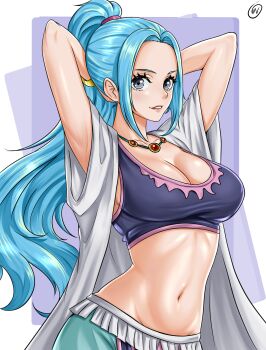 1girl arms_up blue_eyes blue_hair breasts cleavage green_pants highres jewelry large_breasts long_hair nefertari_vivi one_piece open_mouth pants ponytail purple_tank_top simple_background smile stomach tank_top toned toned_female waifuviolenta