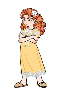 Rule 34 | 1girl, bead necklace, beads, closed mouth, curly hair, dragon quest, dragon quest vii, dress, earrings, flower, full body, hair flower, hair ornament, heart, heart earrings, highres, jewelry, long hair, maribel (dq7), necklace, orange hair, simple background, slippers, solo, uranagi (uranaginasi), white background, yellow dress