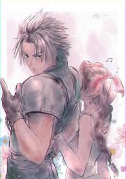 1boy 1girl aerith_gainsborough armor bare_shoulders black_gloves black_hair blue_eyes blush border braid braided_ponytail brown_hair commentary_request couple crisis_core:_final_fantasy_vii dress final_fantasy final_fantasy_vii floral_background flower gloves hair_ribbon height_difference highres holding_another&#039;s_arm long_hair looking_at_viewer looking_to_the_side musical_note ninnin5tora outside_border parted_lips pink_ribbon ribbed_sweater ribbon shoulder_armor sleeveless sleeveless_dress sleeveless_turtleneck spiked_hair sweater turtleneck turtleneck_sweater upper_body white_border zack_fair