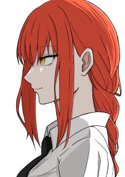 1girl black_necktie braid braided_ponytail chainsaw_man closed_mouth collared_shirt highres long_hair makima_(chainsaw_man) necktie osiruko_nomenai red_hair ringed_eyes shirt sidelocks solo white_shirt yellow_eyes