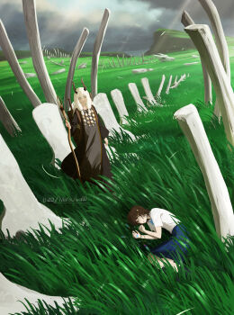 2girls absurdres artist_name black_dress blue_eyes blue_skirt bone brown_hair closed_eyes cloud cloudy_sky commentary_request dress fantasy fingernails gem glowing glowing_gem grass grey_tabard highres holding holding_gem holding_staff horns jewelry light_rays long_dress long_fingernails long_hair long_sleeves lying matsuba10 meadow multiple_girls necklace on_grass on_ground on_side original outdoors parted_lips pink_nails scenery shirt short_hair short_sleeves skirt sky sleeping staff standing sunbeam sunlight tabard unworn_jewelry unworn_necklace watermark white_hair white_shirt wide_shot